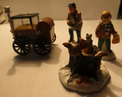 Lemax Christmas Village  Roasted Chestnut Stand  4PC set w Vendor  Boy Squirrels