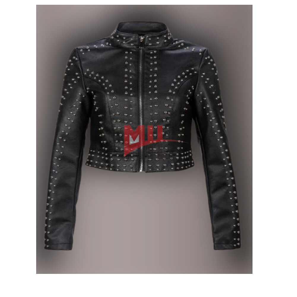 Black Silver Studded Leather Jacket for Women, Slim Fit Handmade Fashion