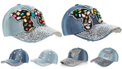 Damen Kappe Schirm Mütze Baseball Caps mit Strasssteinen Glitzer Schmetterling