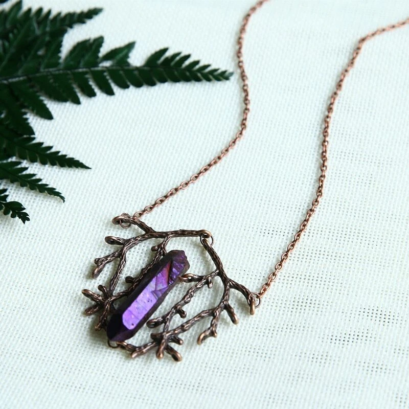 Copper Branch and Crystal Point Necklace Aura Quartz Pendant
