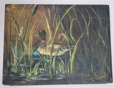ANTIQUE VINTAGE  MALLARD CANADIAN DUCK OIL PAINTING ON OLD WOOD BY G. ROBERTS 
