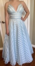 Sherri Hill Prom Dress Baby Blue White Striped Long Evening Gown Dress Size 8