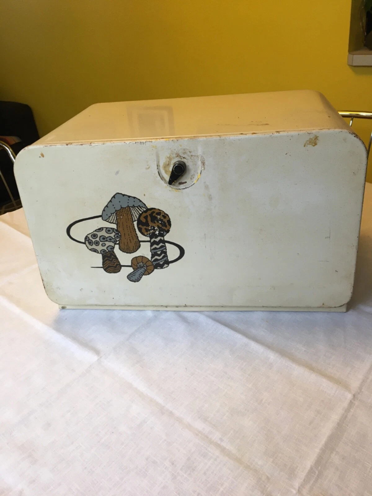 vintage tin bread box featuring mushrooms