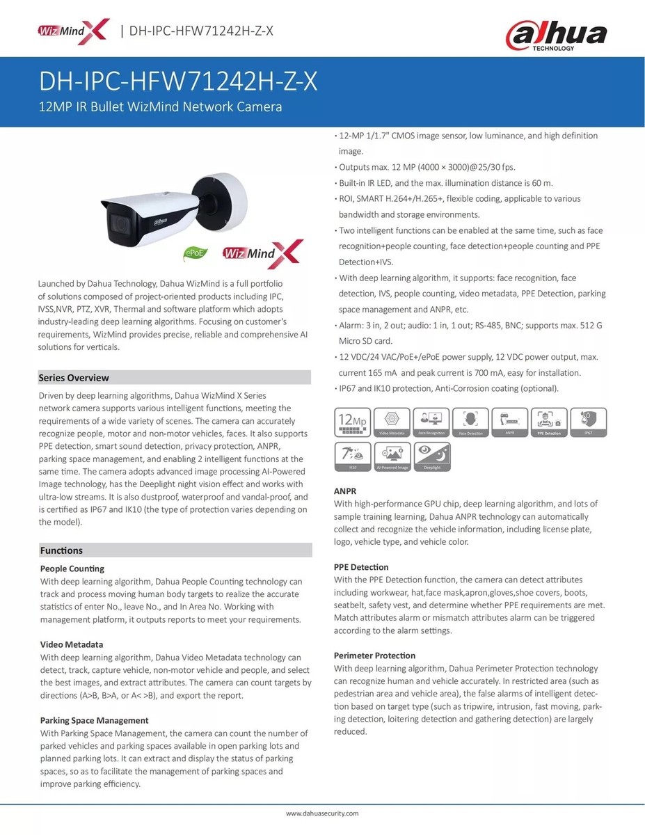 ネット　７，６ｍ×６，４ｍ Dahua IPC-HFW71242H-Z-X 12MP Motorized PoE+ WizMind-X Camera
