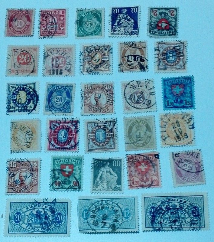 Lot of 25+ Swiss,Sweden,Norway 1900's postal stamps Colorful hinged postmark VG