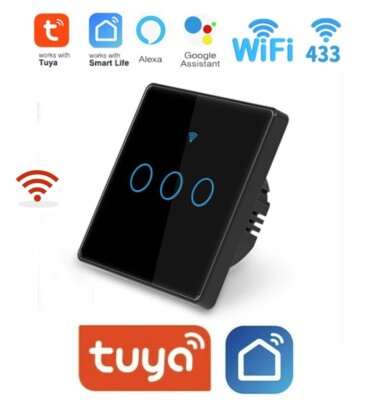 Smart 3 Gang Touch Wandschalter schwarz RF433 ~ Smart Life ~ Tuya APP kabellos