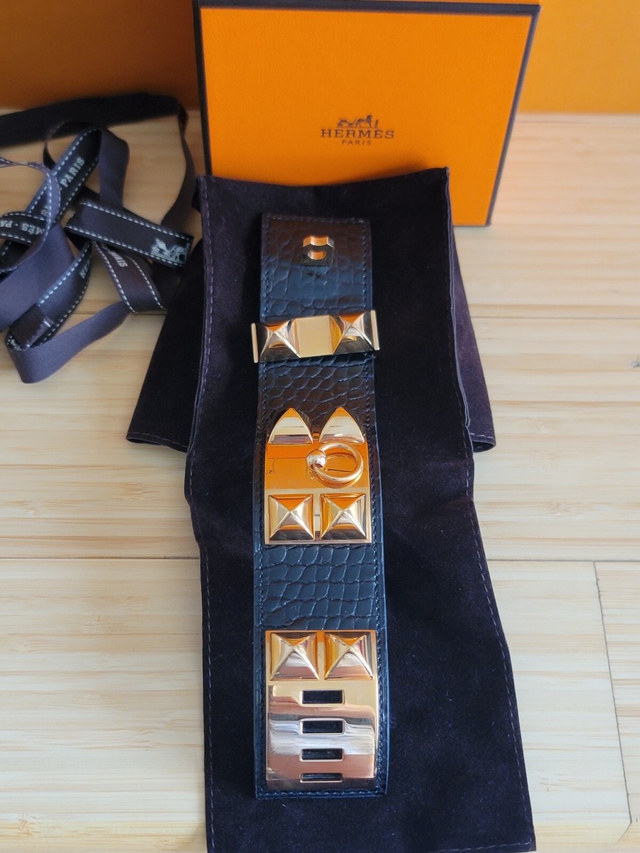 HERMES BABY CROCODILE BLACK LEATHER PINK GOLD COLLIER DE HERMES BABY CROCODILE BLACK LEATHER PINK GOLD COLLIER DE