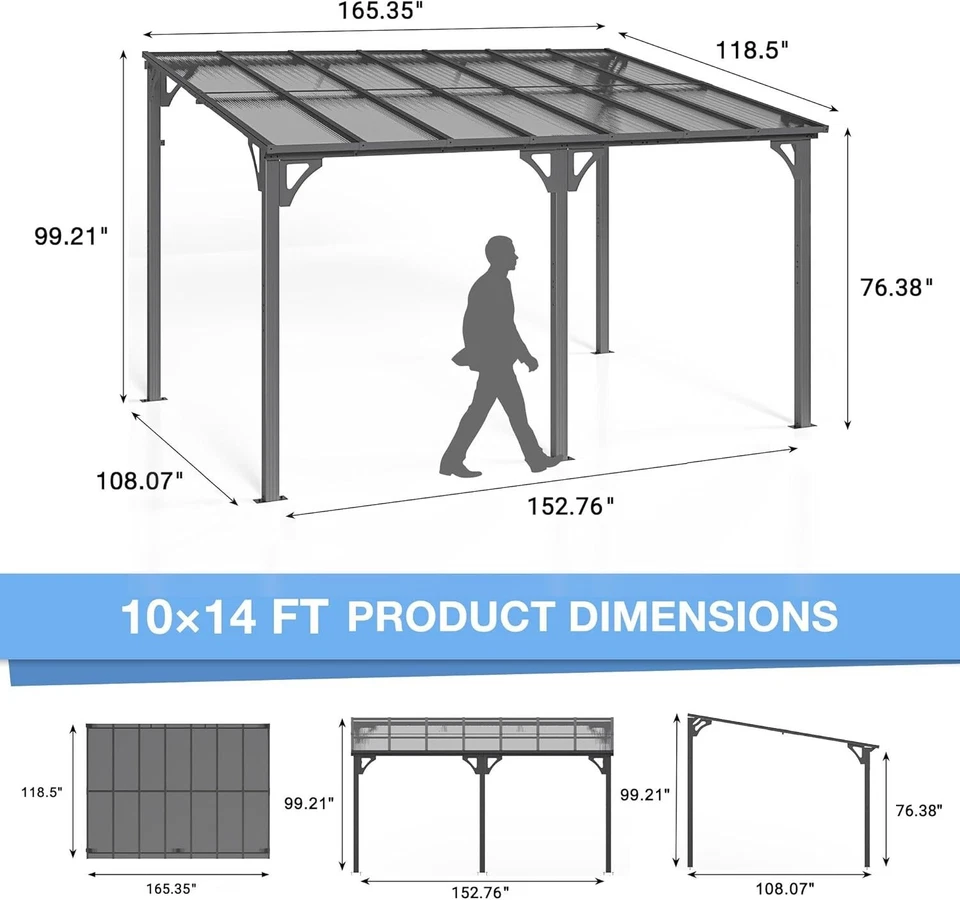 10x14 ft Pergola Gazebo for Patio Wall-Mounted Lean to Gazebo Lean to Gazebo - Image 2 of 4