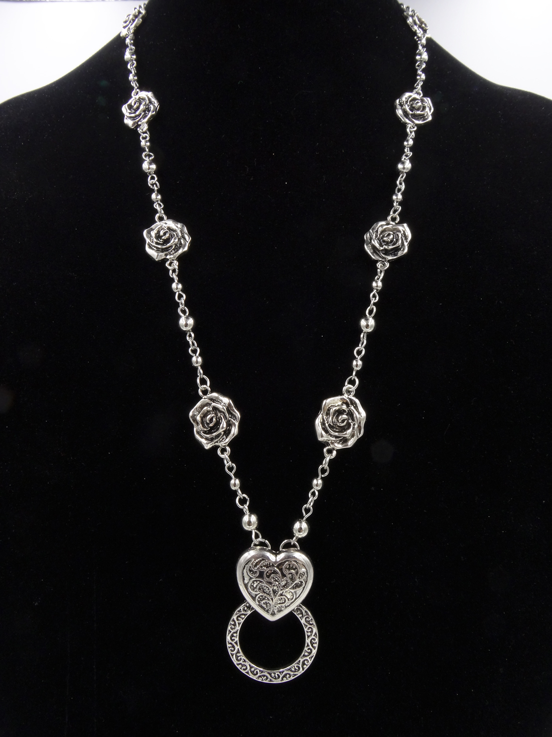 New Antiqued Silver Eyeglass Holder Necklace with Roses & Heart Pendant #Z2030