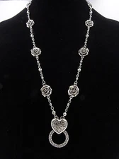 New Antiqued Silver Eyeglass Holder Necklace with Roses & Heart Pendant #Z2030