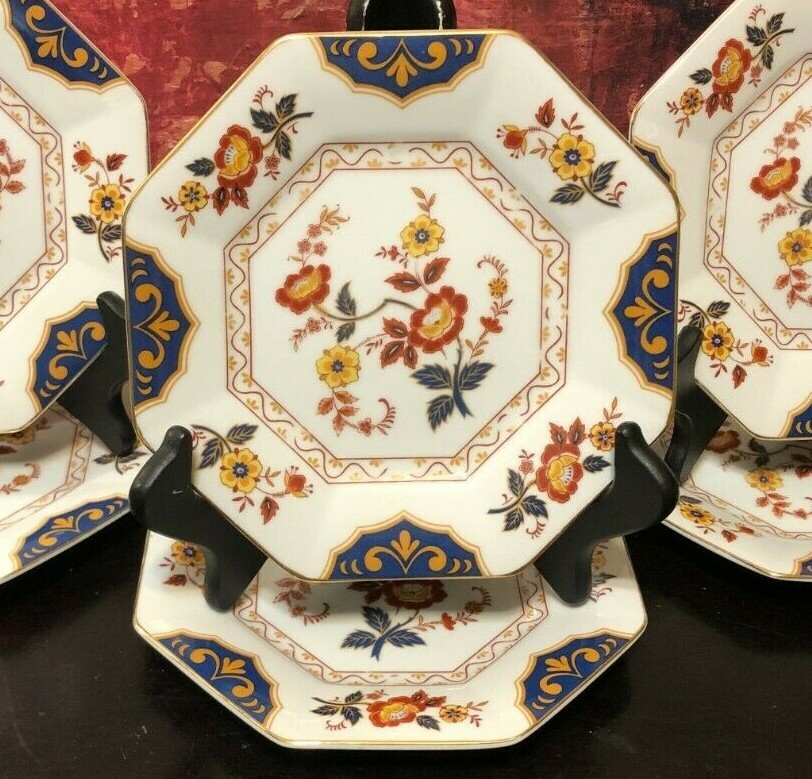 6 Vintage Mikasa FAR EAST Octagonal Blue SALAD Plates 7.375