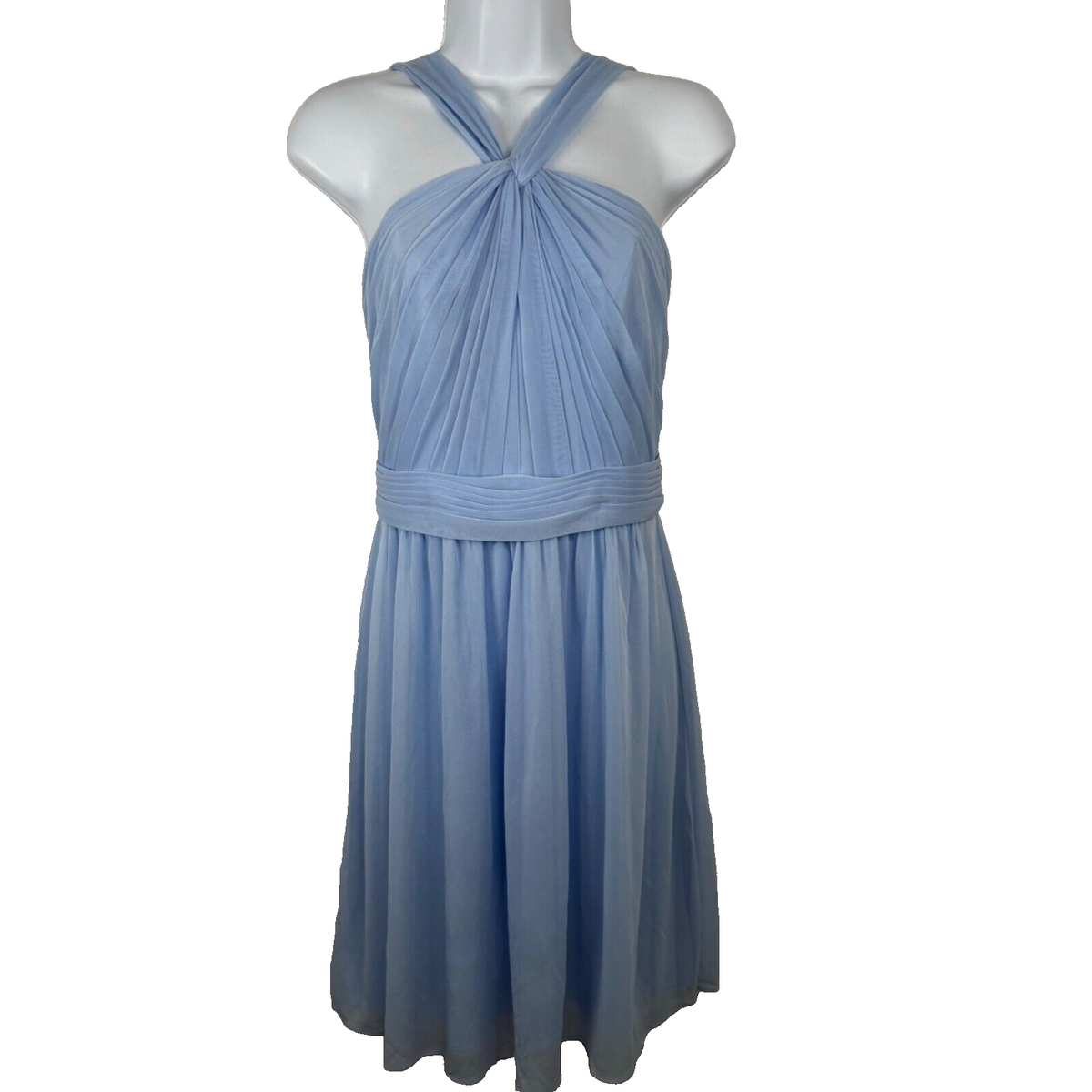David's Bridal Y Neck Mesh Short Bridesmaid Dress Ice Blue Women's Size 6 EUC