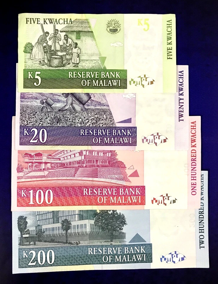 2001~2004 MALAWI - 5, 20, 100, 200 KWACHAS (SET OF 4 NOTES) - XF - EZSU6 - Image 2 of 2