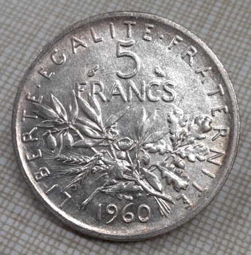 1960 France 5 Francs .835 Silver Coin/"The Sower " AU w/Toning - Picture 2 of 2