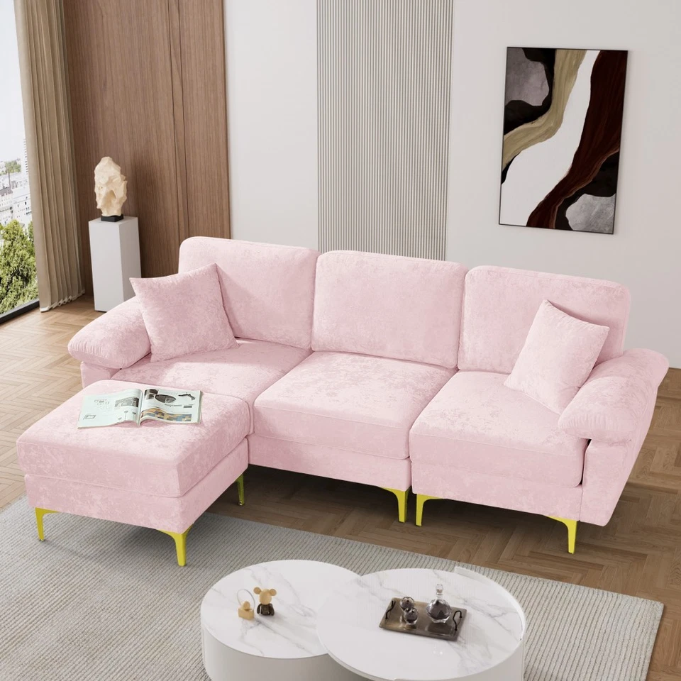 X-HOMEGARDEN Modern 91" 4 Seat Velvet L Shaped Sectional Sofa Couch with Ottoman and Pillows