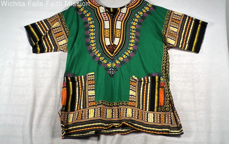 Unisex Green African Print Dashiki Tunic Shirt Boho Cotton Short Sleeve Sz XL