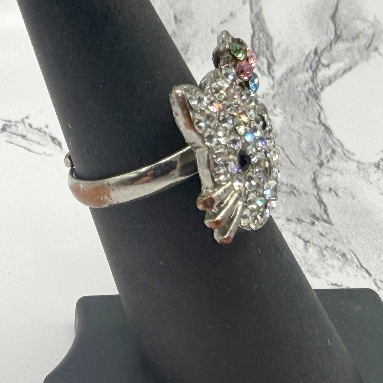 Hello Kitty Style Rhinestone Ring Silver Tone Adj… - image 2