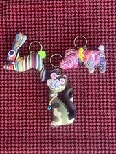3 Handmade Patchwork Fabric Animal Keychains Backpack Zipper Cat, Dog & Rabbit 