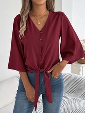 Womens Tie Front Blouse V Neck Button Top Ladies 3/4 Flare Sleeve Smart Casual