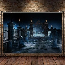 7 x 5 FT Halloween Graveyard Backdrop - Large Eerie Night Scene, Creepy Cemet...