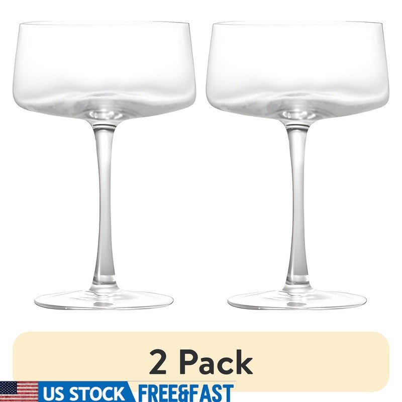 2 Pack Clear Flared Coupe Glasses 10.5oz Durable Dishwasher Safe Drinkware
