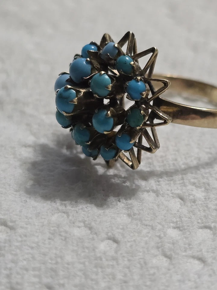 ANTIQUE VICTORIAN SOLID 14K YELLOW GOLD CLUSTER TURQUOISE RING ~ sz 8.25 - Image 3 of 4