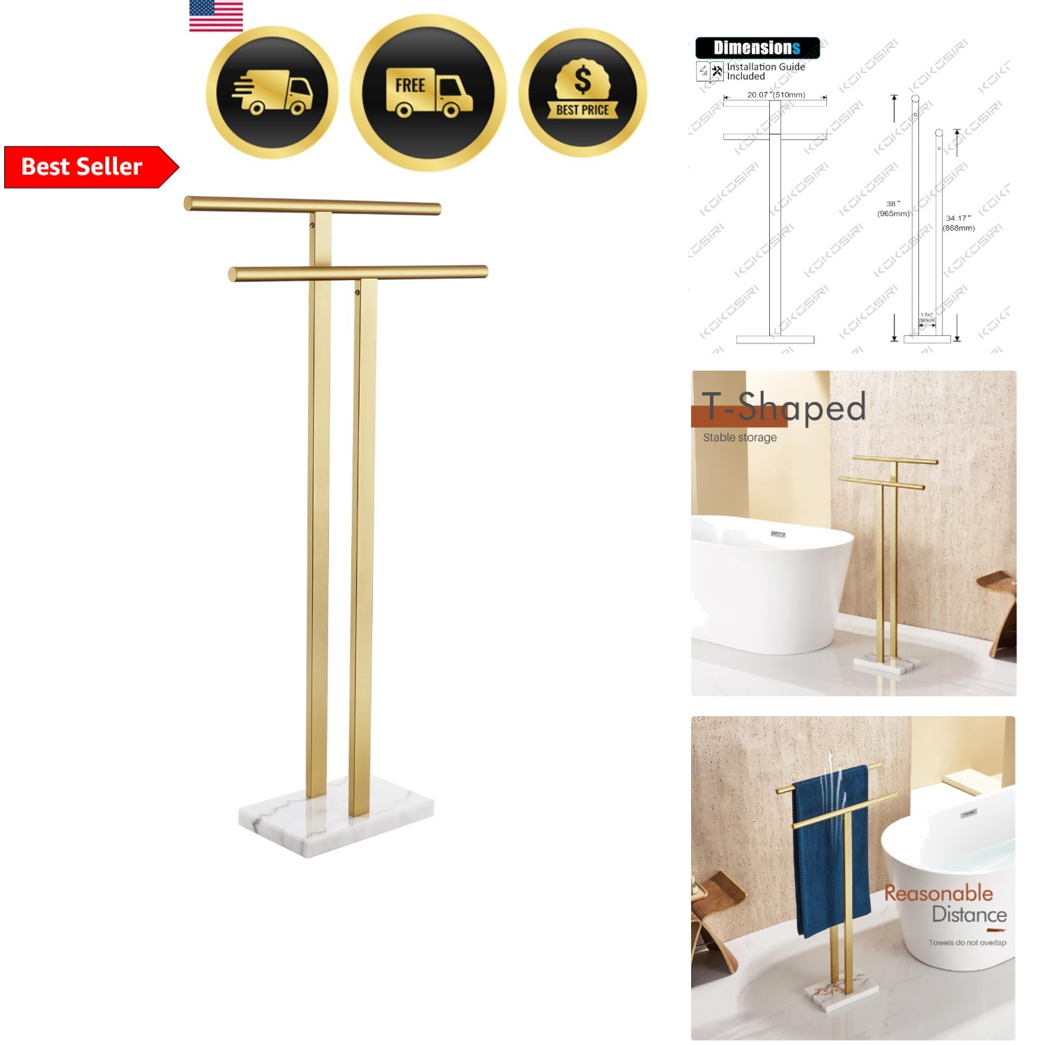 Rack Floor Stand 2-tier Sturdy Gold Stainless Steel Marble B