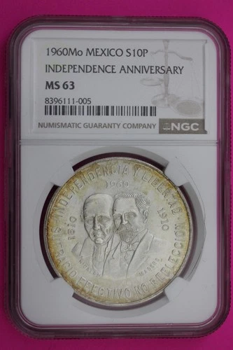 1960 MS 63 Mexico 10 Pesos Silver Coin NGC Authentic Graded Authentic Slab 564