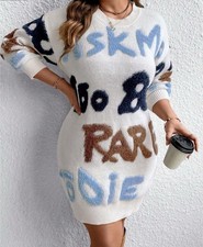 Graffiti Print Fuzzy Sweater Oversized Dress Pullover Crewneck Streetwear Size L