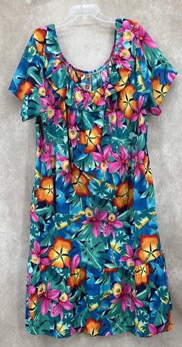 Hilo Hatties Hawaiian Maxi Dress Size 2X Tropical Floral Muumuu Ruffle Neck