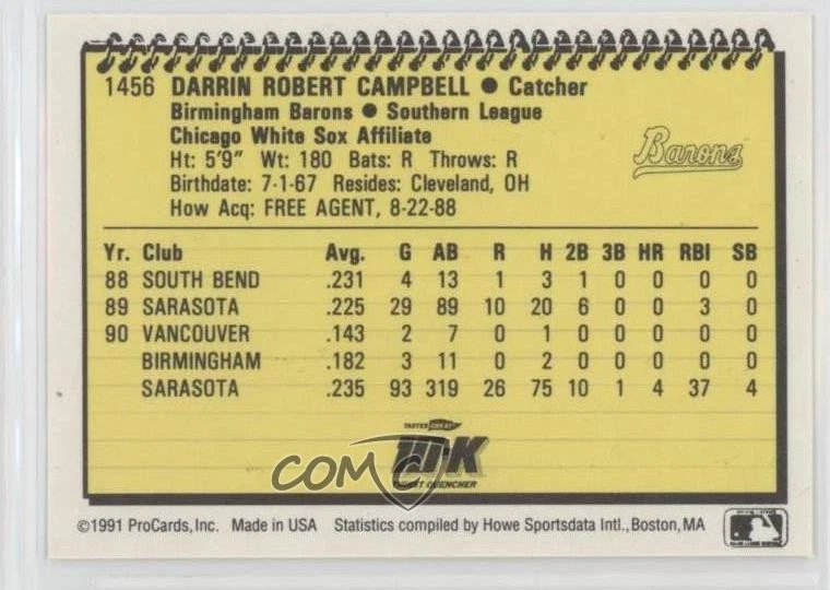 1991 ProCards Minor League Darrin Campbell #1456 - Image 2 of 2