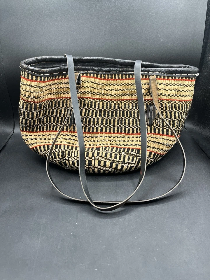 Bolso de Mano Mercado de Sisal Tejido Vintage Correas de Cuero Redondas Rayas Boho