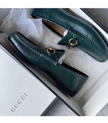 Gucci Quentin Green Leather Loafers Gold Horsebit Men's 523202 D3V00 3135