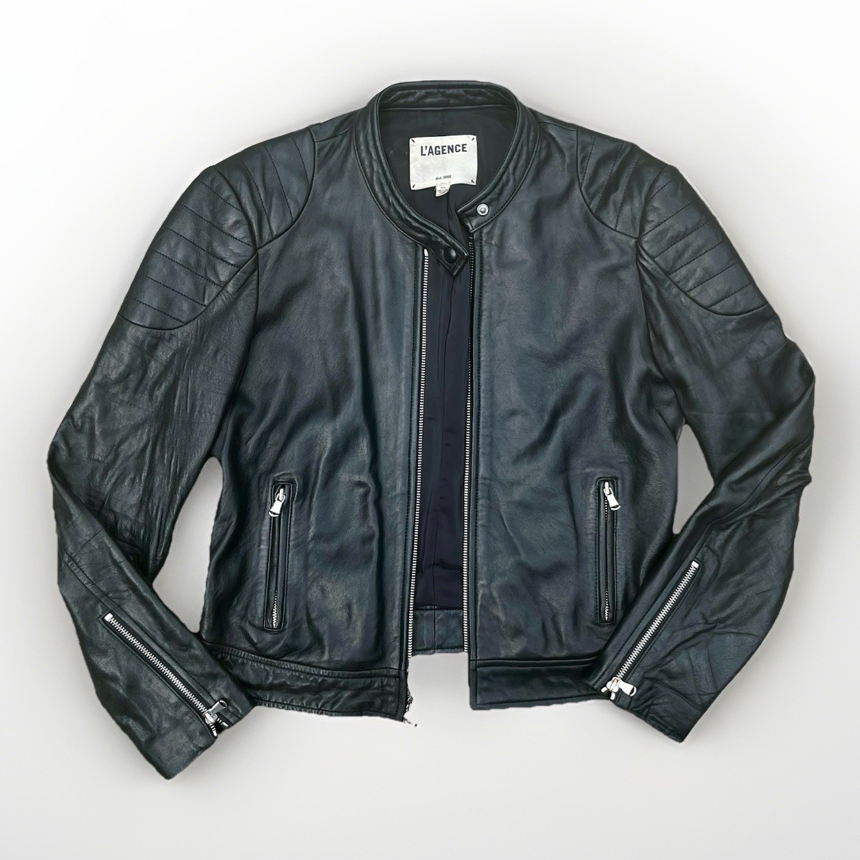 L’AGENCE Bristol Black Lambskin Leather Moto Jacket Quilted Shoulder Cafe Racer