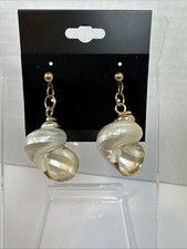 Mermaid Ocean Shells w Gold Trim Pierced Earrings Pretty Beach. Seaside.