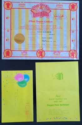 Vintage Cabbage Patch Kids Girl Adoption Certificate & 1st Birthday Card Circus