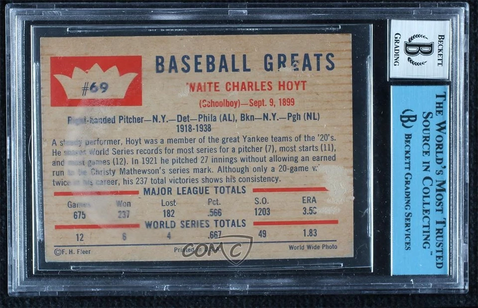 JSA Certified 1960 Fleer Baseball Greats Waite Hoyt #69 Encased by BGS Auto HOF - Image 2 of 2