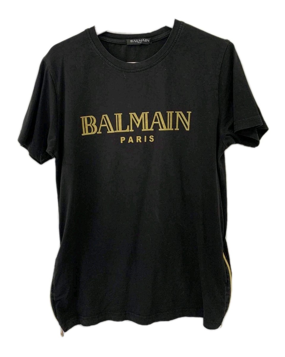 Balmain Paris Black Gold Logo T-Shirt Men's Size S Authentic
