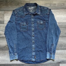 Wrangler Men's XL Western Denim Snap Button-Up Shirt Striped Indigo Blue Retro