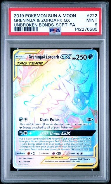 PSA 9 GRENINJA ZOROARK GX 222 UNBROKEN BONDS SECRET RAINBOW SUN & MOON POKEMON