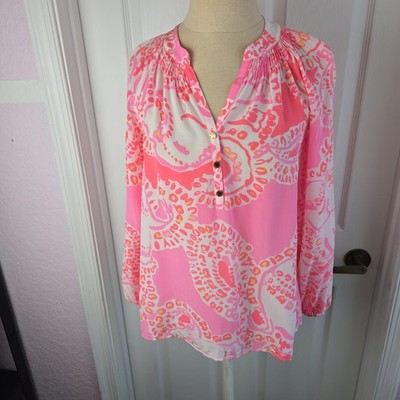 Lilly Pulitzer Elsa Smocked 100% Silk Top Size XS White Pink Long Sleeved