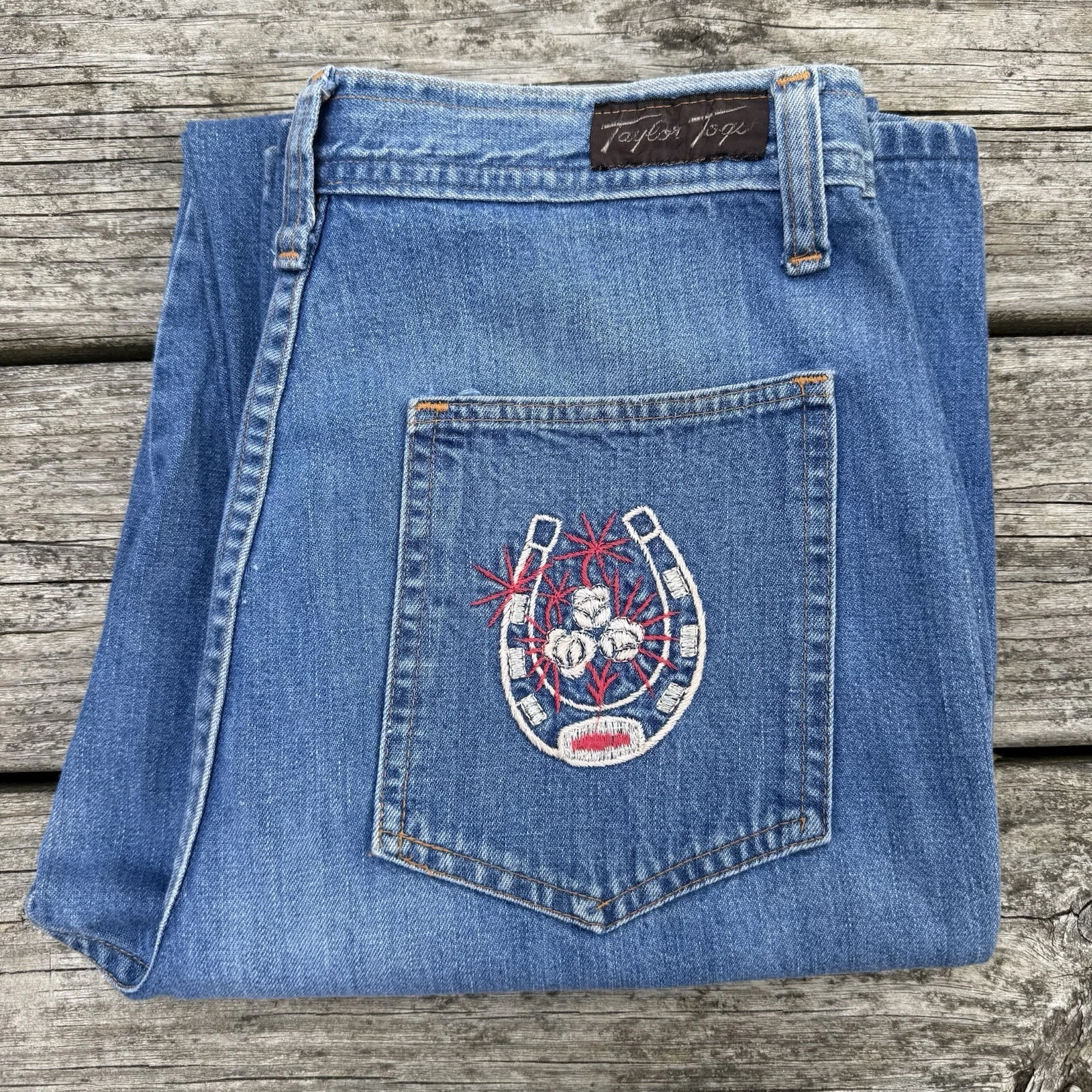 Vintage Taylor Togs 1970s High Rise Denim Jeans Horseshoe Embroidery Western 28