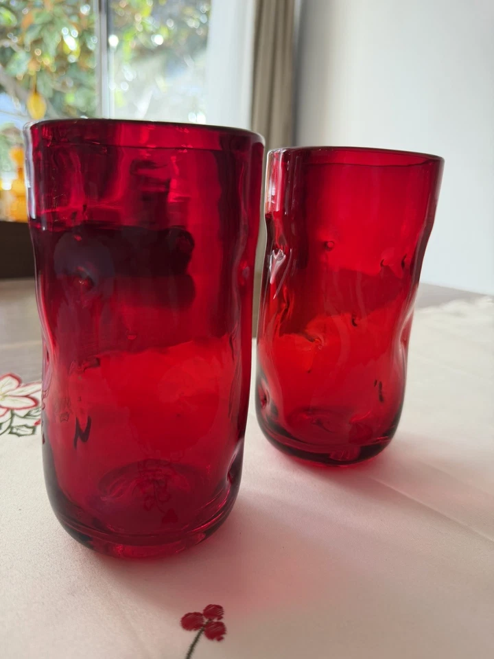 Par - Gafas Blenko rojas sopladas a mano, hoyuelo alto/pellizcado, vasos  Foto 3 de 4