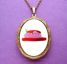 Porcelain RED HAT CAMEO Costume Jewelry Locket Pendant Necklace for Society Lady