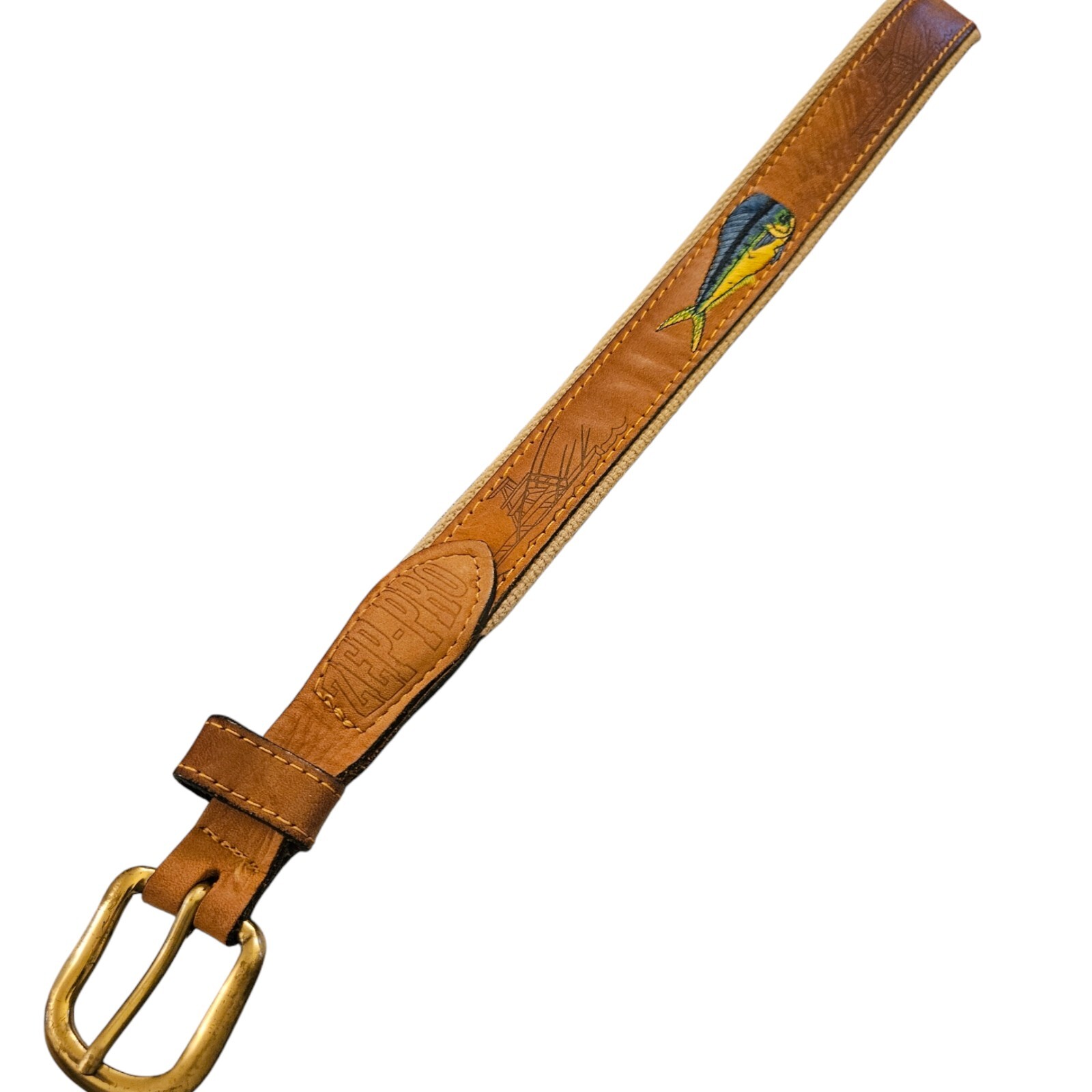 Zep Pro Mens Leather Canvas Mahi Yacht Embroidered Belt Size 42 USA Fishing Boat