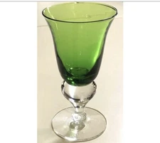 Set of 3 Emerald and Clear Blown Glass Pedestal Flared Goblet 6.125 in, 11 oz