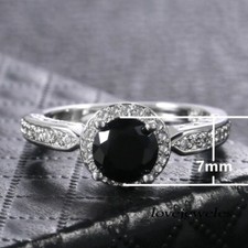 1.75CT Round Cut Real Black Onyx Engagement Wedding 925 Silver Halo Ring