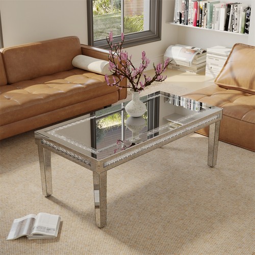 120CM Silver Mirrored Coffee Table Crushed Diamond Reception Table Home Office - Picture 3 of 16