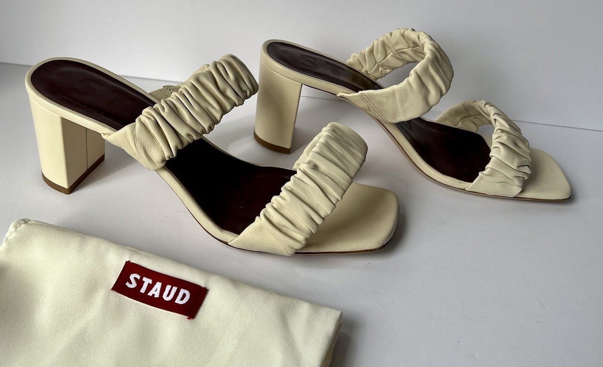 STAUD Women's $325 Frankie Ruched Leather Sandal Cream Off White