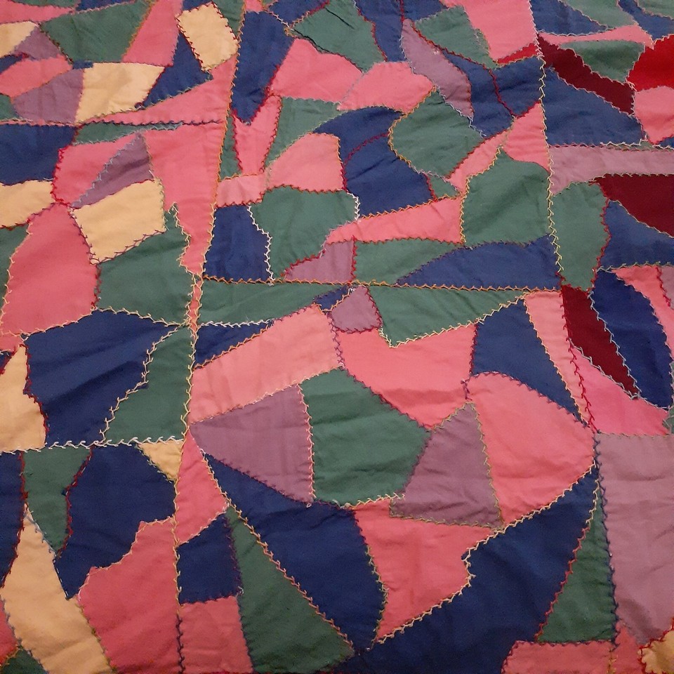 Antique Vintage Crazy Quilt Grannycore Hand Pieced Embroidered Top